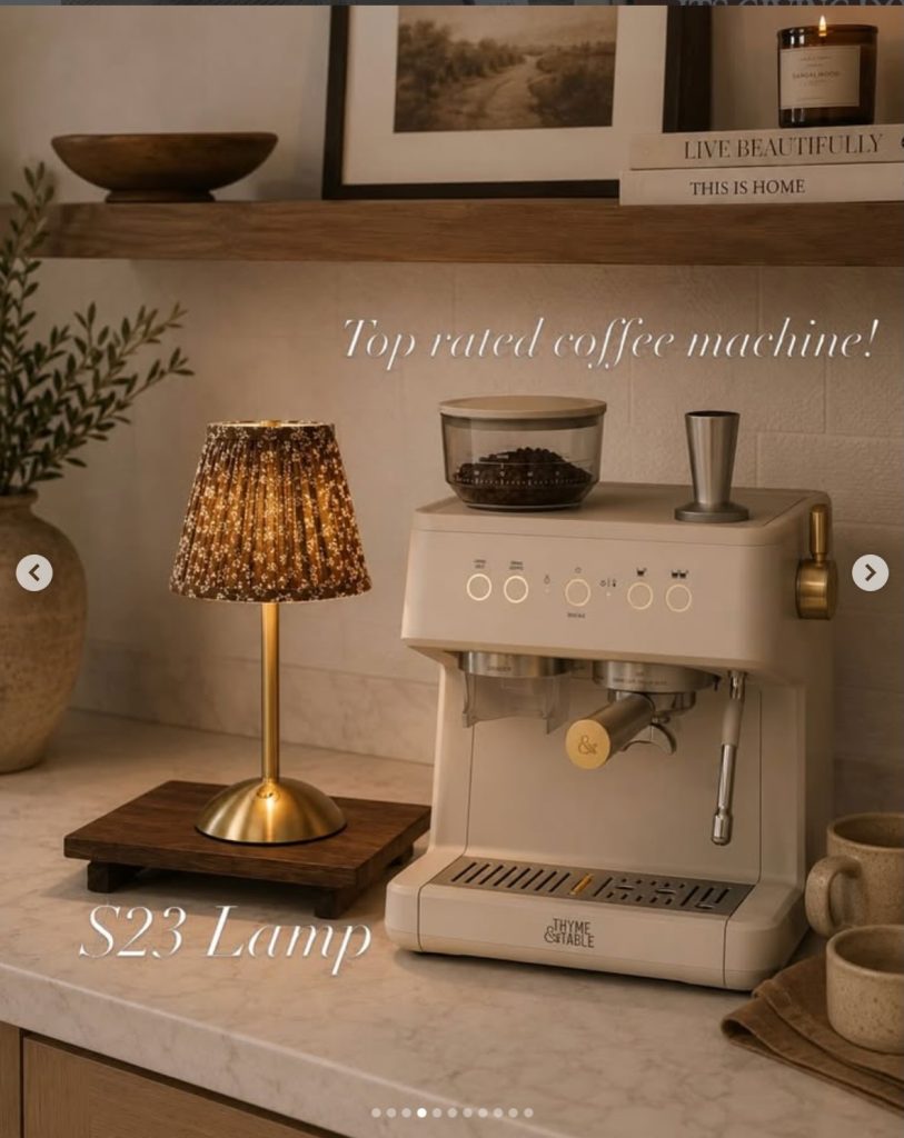 espresso machine, gold lamp